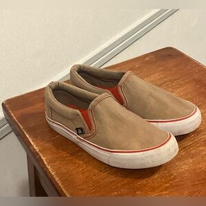 Slip-On Canvas Sneakers Red Ape Boys Size 1 Tan with Red-Orange Elastic